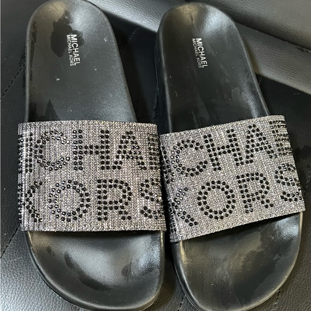 Michael Kors Black and Silver Slide Sandals